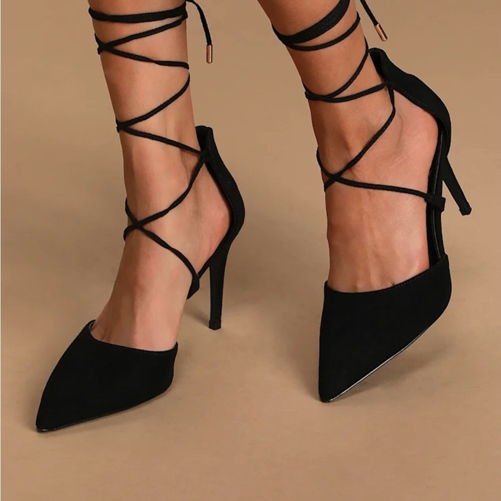 Lulu's Black Suede  Lace-Up Heels with Ankle Wrap New In Box
